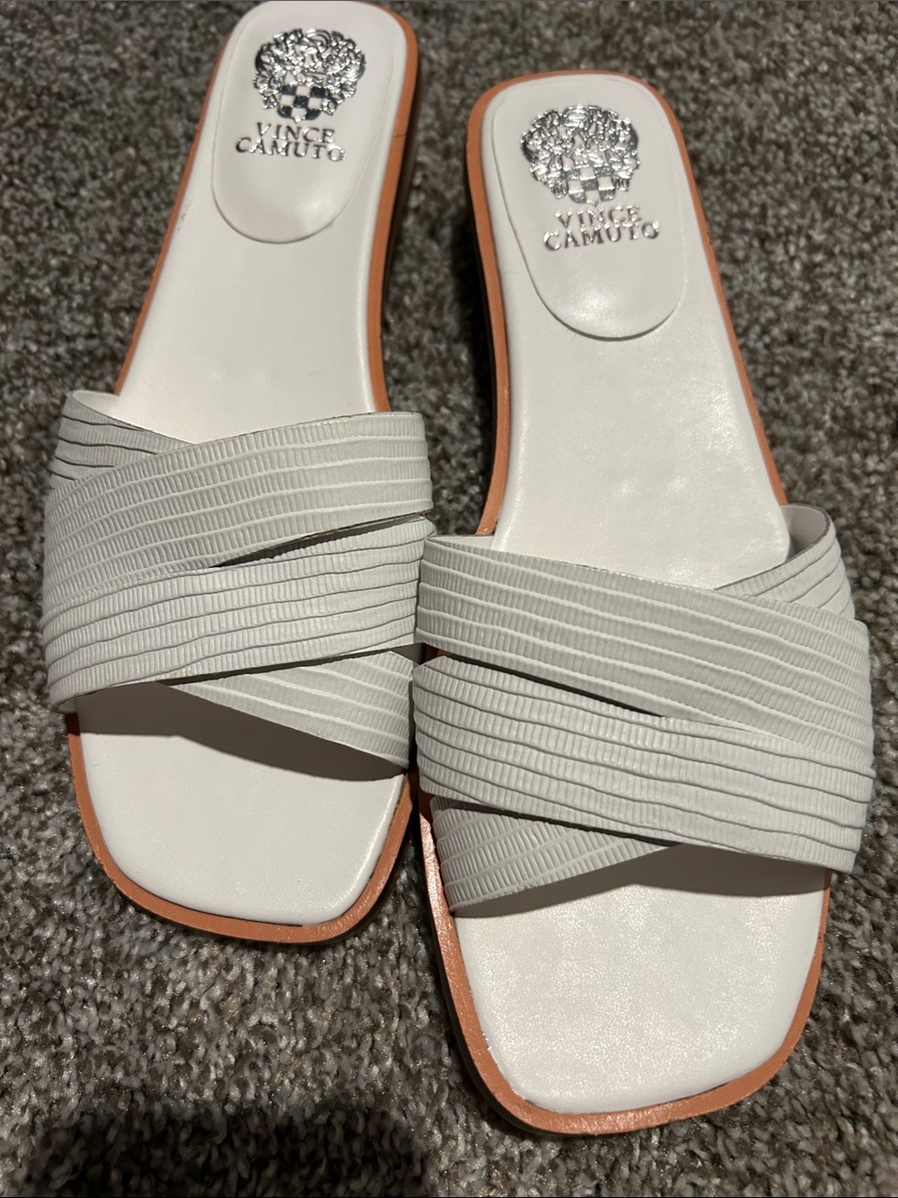 Vince Camuto White Slide Sandals with Tan Edge - Picture 2 of 3